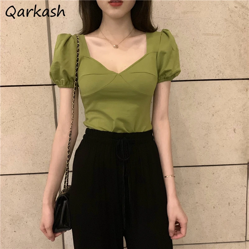 

Puff Sleeve T-shirts Women Summer Elegant Crop Tops Design V-neck Slim Sweet Fashion Ulzzang College Chic Casual Females Clothes