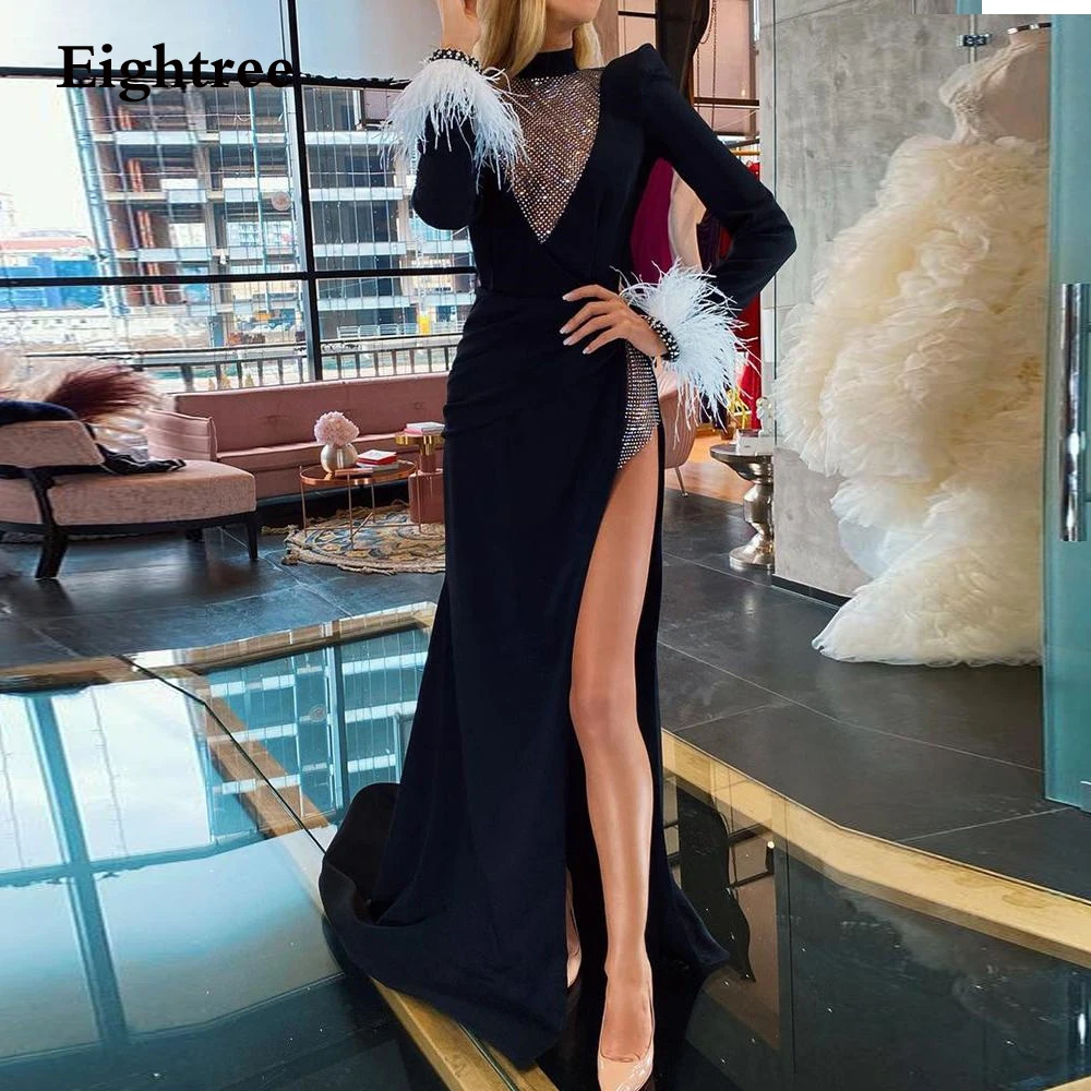 

Eightree Sexy Black Evening Dresses Leg Slit Full Sleeves Feathers Party Dresses Robe De Soirée Femme 2023 Special Occsion