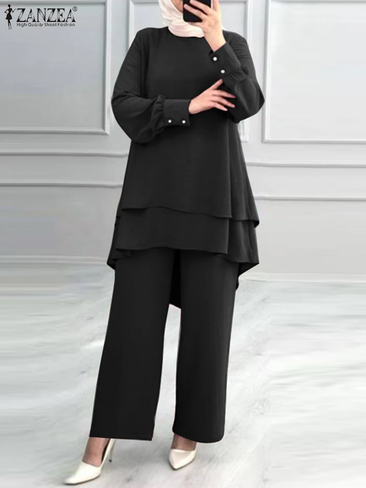 

ZANZEA 2PCS O-Neck Long Sleeve Blouse Ankle Length Wide Leg Pant Autumn Woman Muslim Sets Elegant Casual Abaya Kaftan Suit 2022