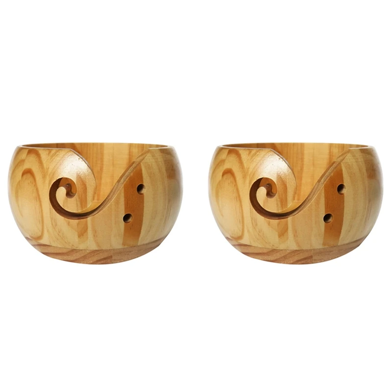 

2X Handmade Knitting Yarn Storage Bowl Wool Crocheted Organizer Bowls Round Wooden Handmade Knitting Accessories,A