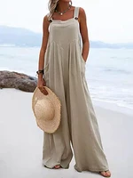 cotton linen cusual jumpsuit women spring solid one pieces wide leg pants button strap romper summer holiday beach overalls