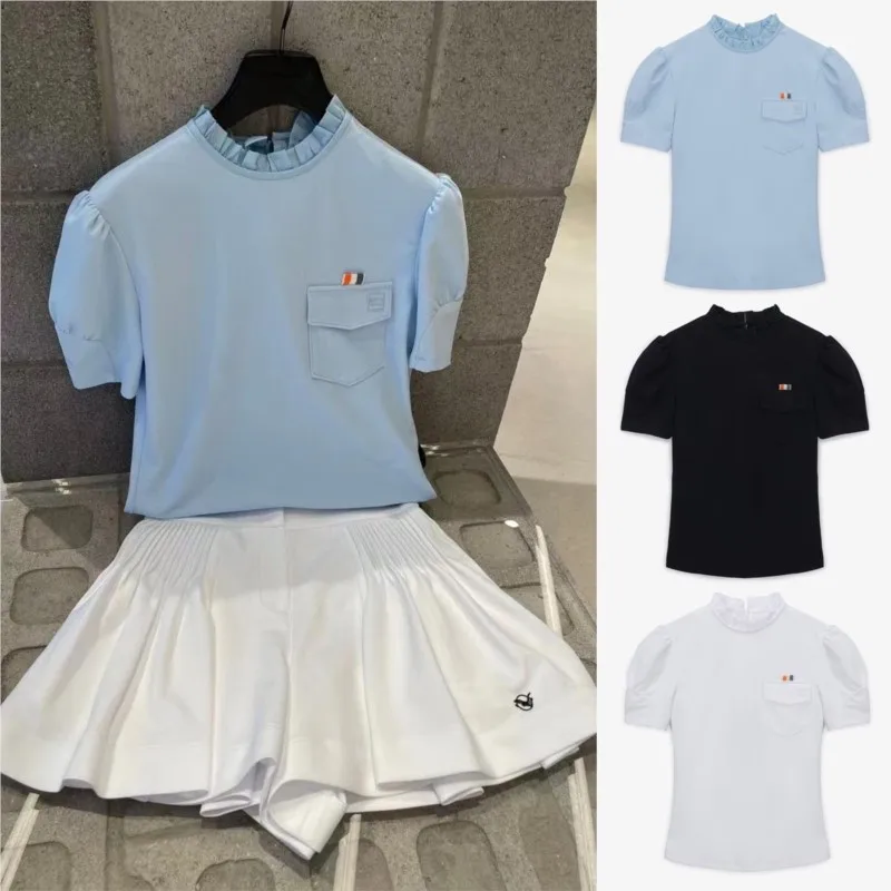 

Женская рубашка с коротким рукавом для гольфа, футболка с пузырьковым рукавом и стоячим воротником, Спортивная дышащая женская одежда для отдыха на открытом воздухе и гольфа