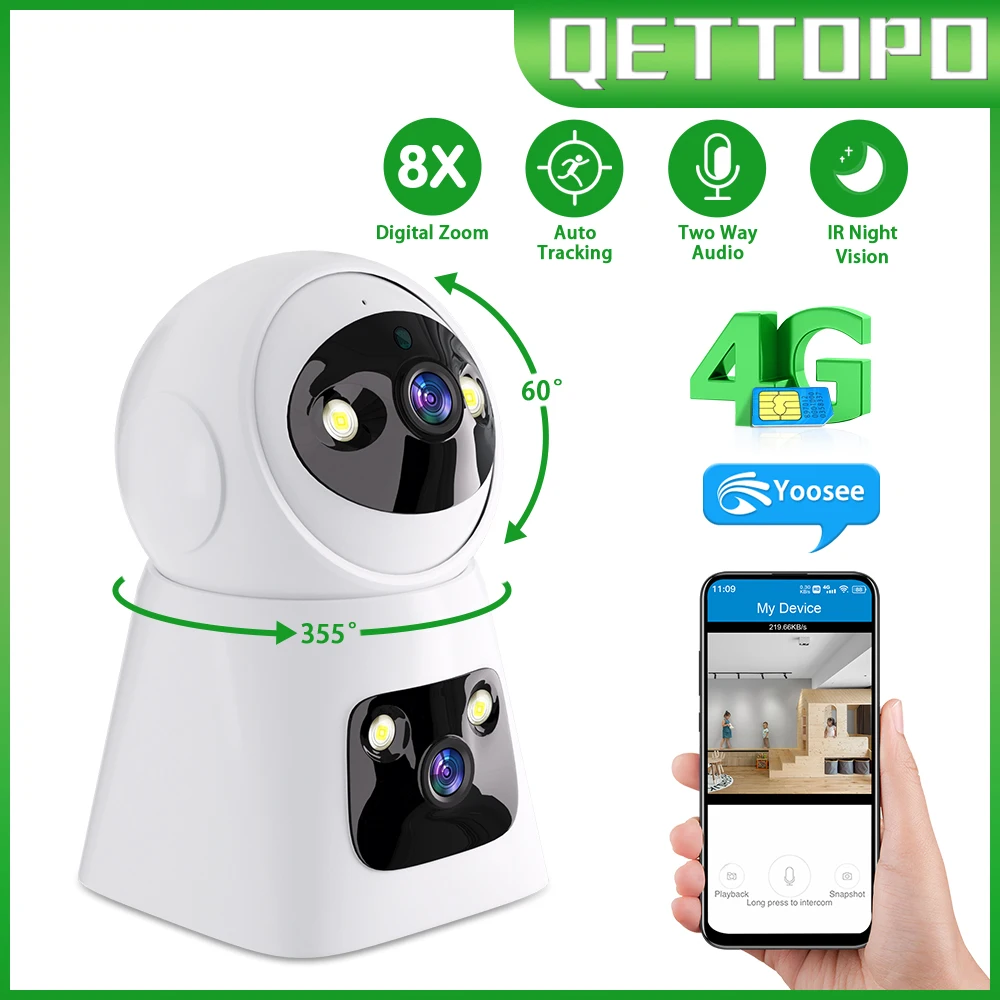 

Qettopo 6MP Dual Lens 4G PTZ Camera Dual Screen 8X Zoom AI Human Tracking Indoor WIFI Secuity CCTV Surveillance IP Camera Yoosee