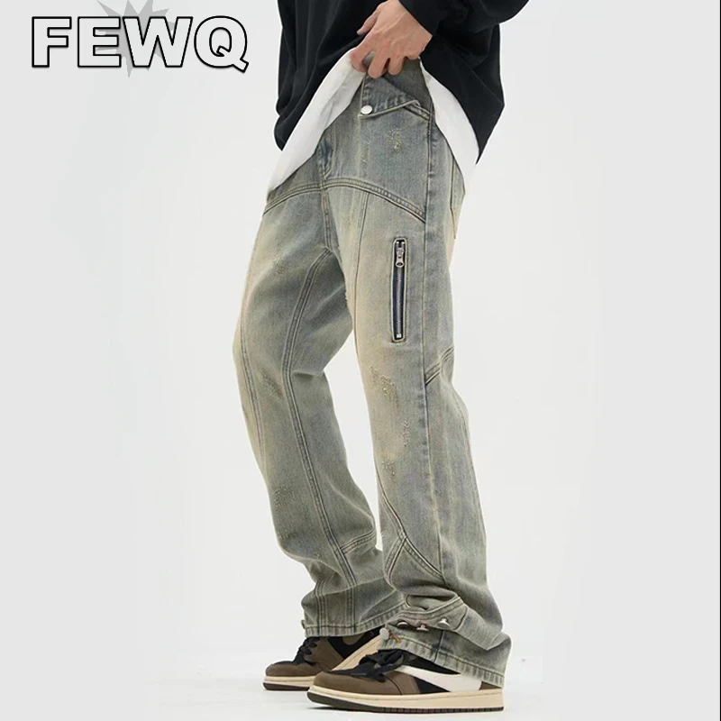 

Джинсы FEWQ мужские прямые в американском стиле, джинсовые брюки-карго в стиле сафари, винтажные штаны в стиле Хай-стрит, Y2k, весна 2023, 24B1704