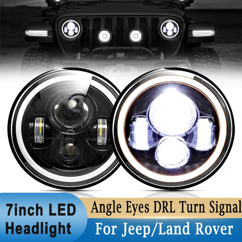 

7 inch LED Headlights 60W High Low Beam LED H4 Angel Eye DRL Amber Turn Signal for Jeep Wrangler JK TJ Land Rover Harley