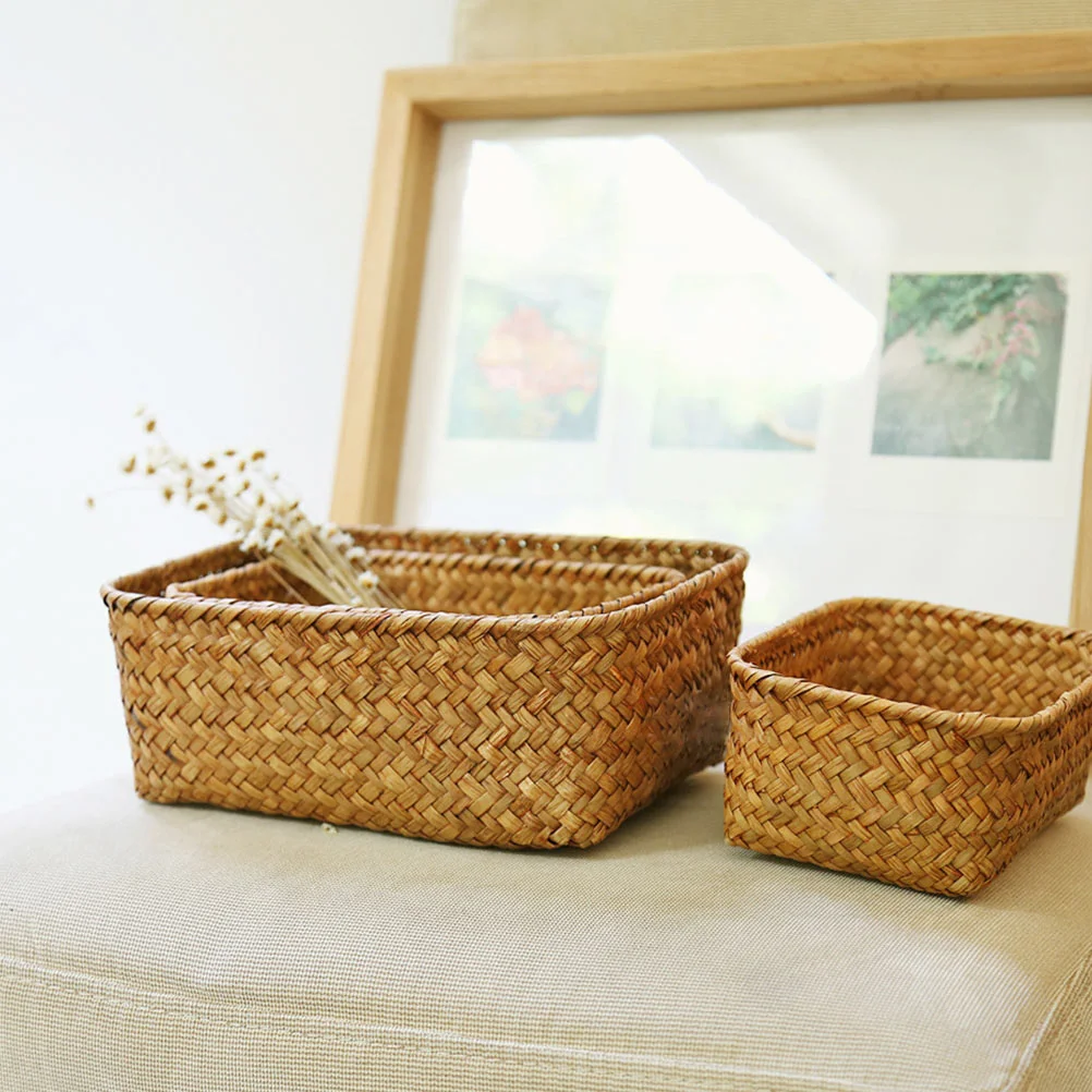 

3 Pcs Woven Sundries Organizer Basket Storage Desktop Holder Magazine Rack Seagrass Weaving Flower Container