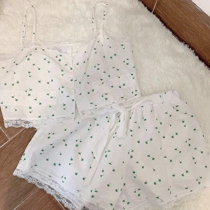 Qweek Women's Pajamas Suits with Shorts Sling Lace Pyjamas Set Korean Cute Pijamas Summer Night Homesuit Home Clothes Sleepwear