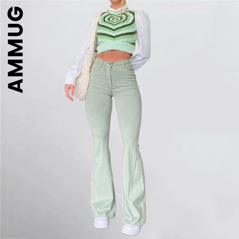 

Ammug Flare Jeans Women Button Down Pants Zipper Stretch Jeggings Elastic Denim Cut Leggings Bootcut Casual Fashion Trousers