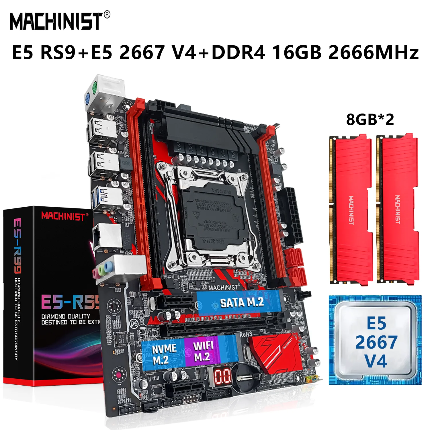 MACHINIST RS9 X99 Motherboard Set Kit Xeon E5 2667 V4 CPU LGA 2011-3 Processor 16G=2*8G DDR4 2666MHz RAM Memory Combo NVME M.2
