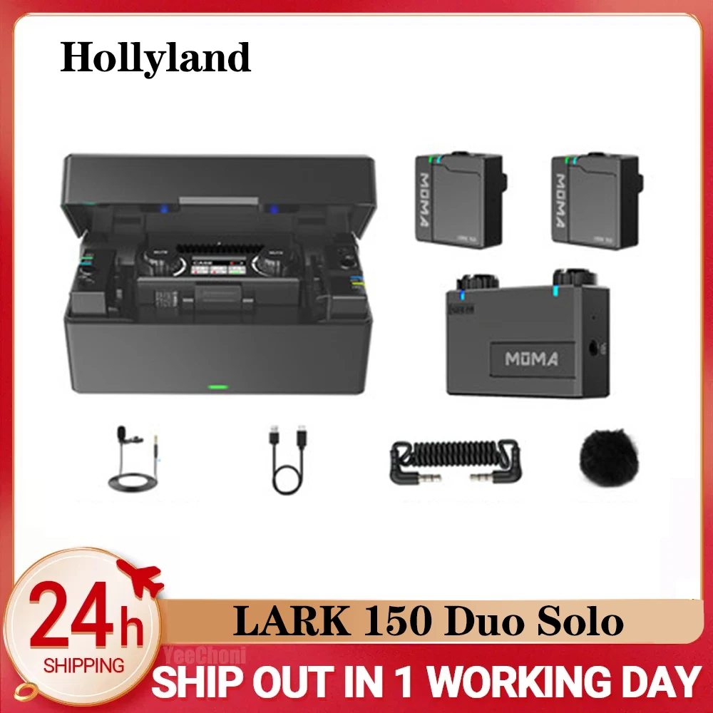 Hollyland LARK 150 Duo Solo TX Wireless Microphone System Lavalier Mic 2.4G OLED Microphone with Battery for Phone DSLR Camera