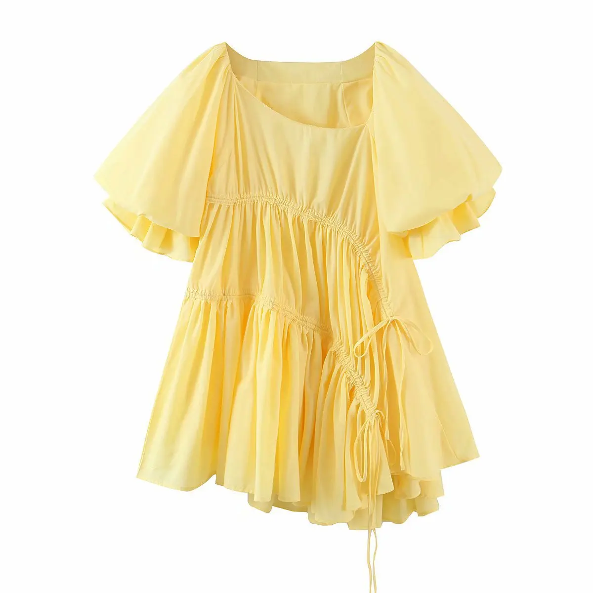 

Yellow Woman Fashion Dress Vintage O Neck Puff Short Sleeve Sexy Pleated Solid Casual Sexy Party Dress Female Court Dress
