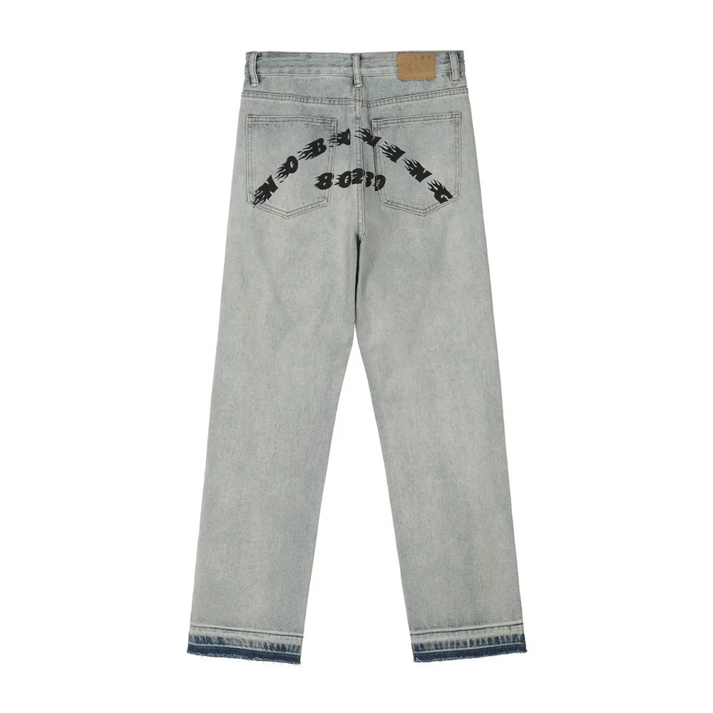 

2021 Stylish Letter Print Retro Washed Men Straight Jeans Trousers Distressed Hip Hop Vintage Women Denim Pants Pantalon Homme
