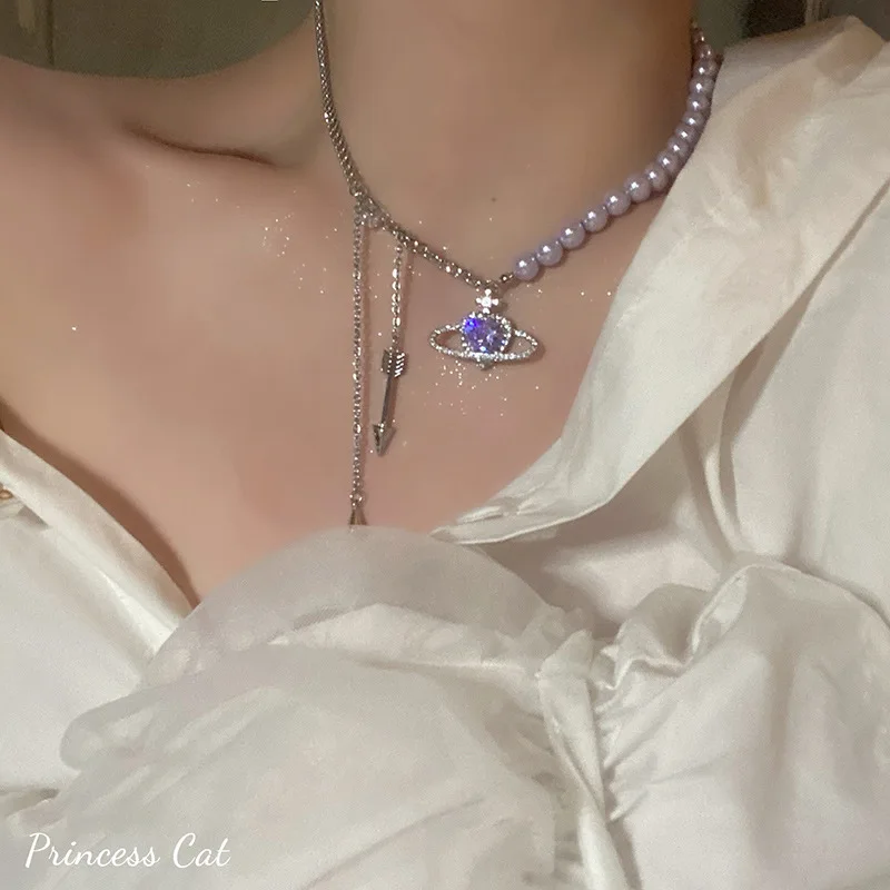

Pearl Saturn Necklace Earrings Bracelet Purple Planet for Women Fashion Romantic Heart Shape Clavicle Chain Trend Jewelry
