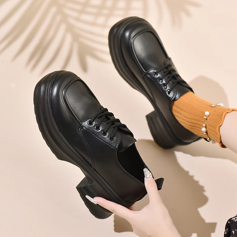 

Coarse Heel Small Leather Shoes Women's British Style 2023 New Thick Sole Muffin Shoes Wedge Heel High Heel Single Shoes Women