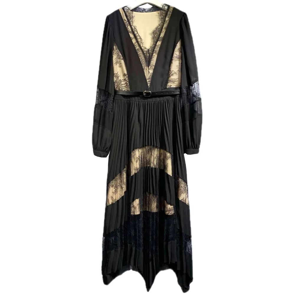 

Женское кружевное платье с длинным рукавом, V-образным вырезом и принтом