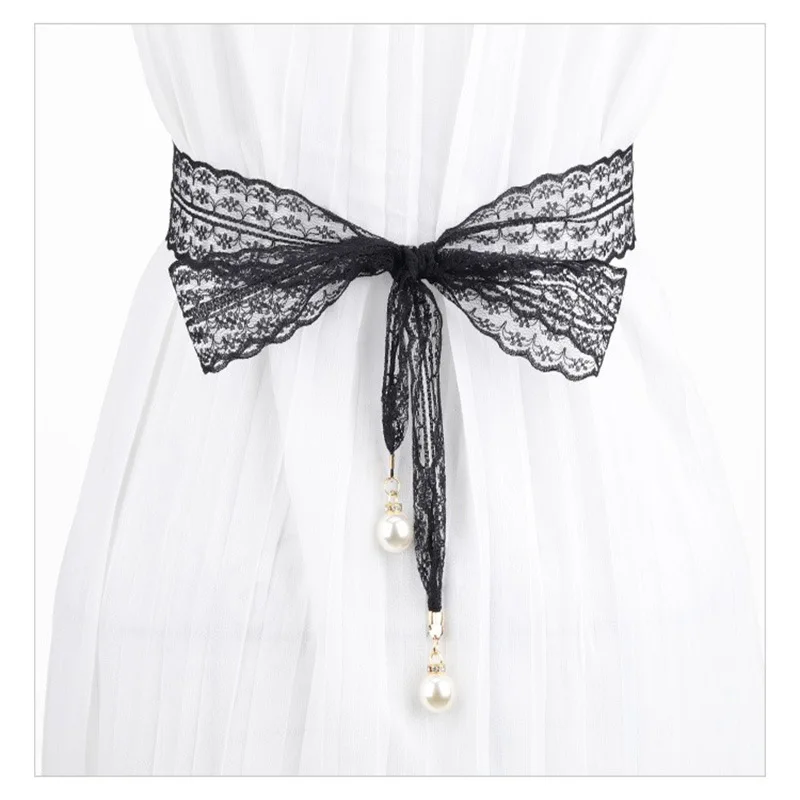 New Lace Bow Waist Chain Female Sweet Hollow Belt Decorative Dress Lace Pearl Pendant