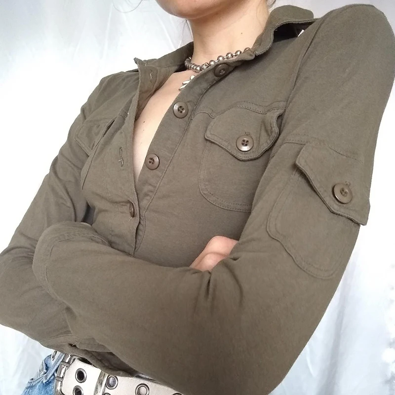 

Укороченный топ в стиле ретро, базовая футболка с длинным рукавом, на пуговицах, с карманами, в стиле преппи, Харадзюку, стиль гранж Y2K, Винтаж...