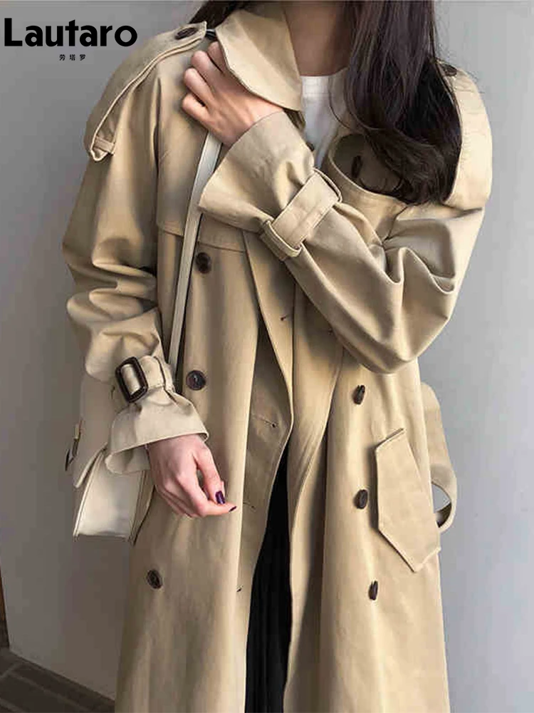 

Lautaro Spring Autumn Long Khaki Casual Loose Thin Trench Coat for Women Raglan Sleeve Belt Double Breasted Korean Fashion 2022