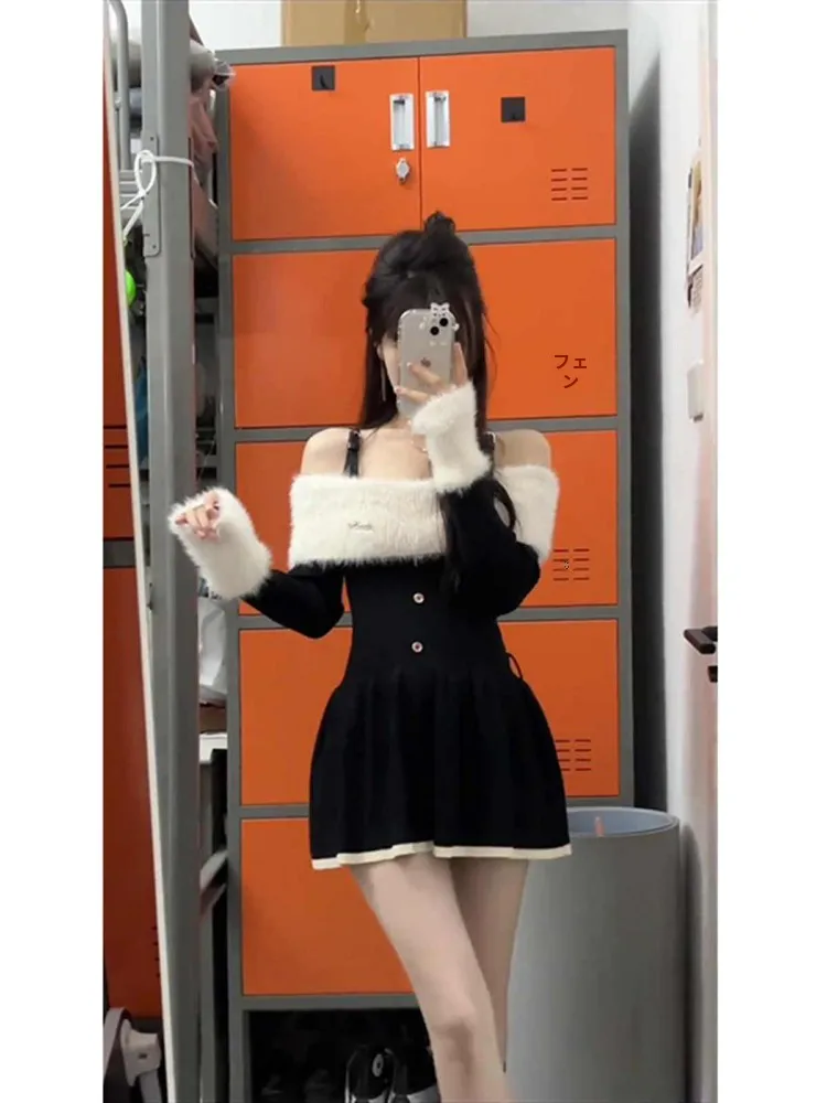 Yujie Sle Черное платье с открытыми плечами и длинными рукавами Женское