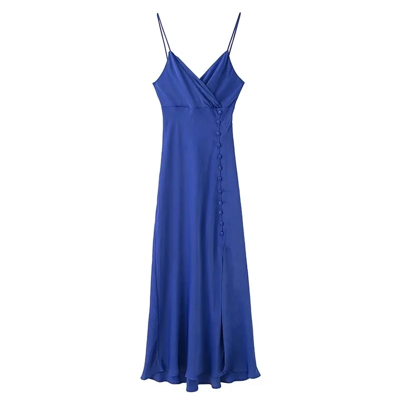 

XITIMEAO Women Fashion With Covered Buttons Soft Touch Midi Camisole Dress Vintage Backless Thin Straps Female Dresses Mujer