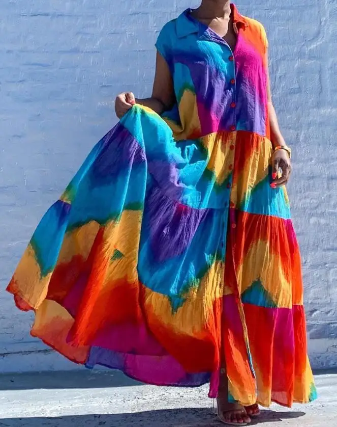 

Women's Dresses 2022 Summer Fashion Colorblock Button Front Casual Turn-Down Collar Maxi Beach Vacation Swing Shirt Dress