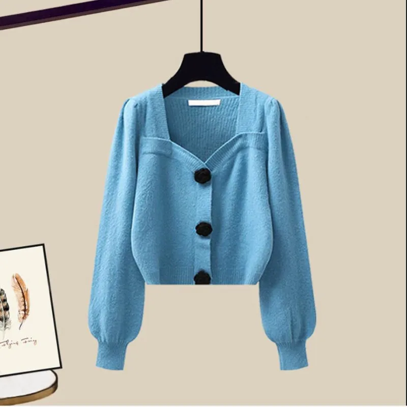 

2023 Korean Elegant Cardigan Blouse Midi Skirt Suit Autumn Winter New Fashion Knit Sweater Top+Black Dress Two Piece Set Women's