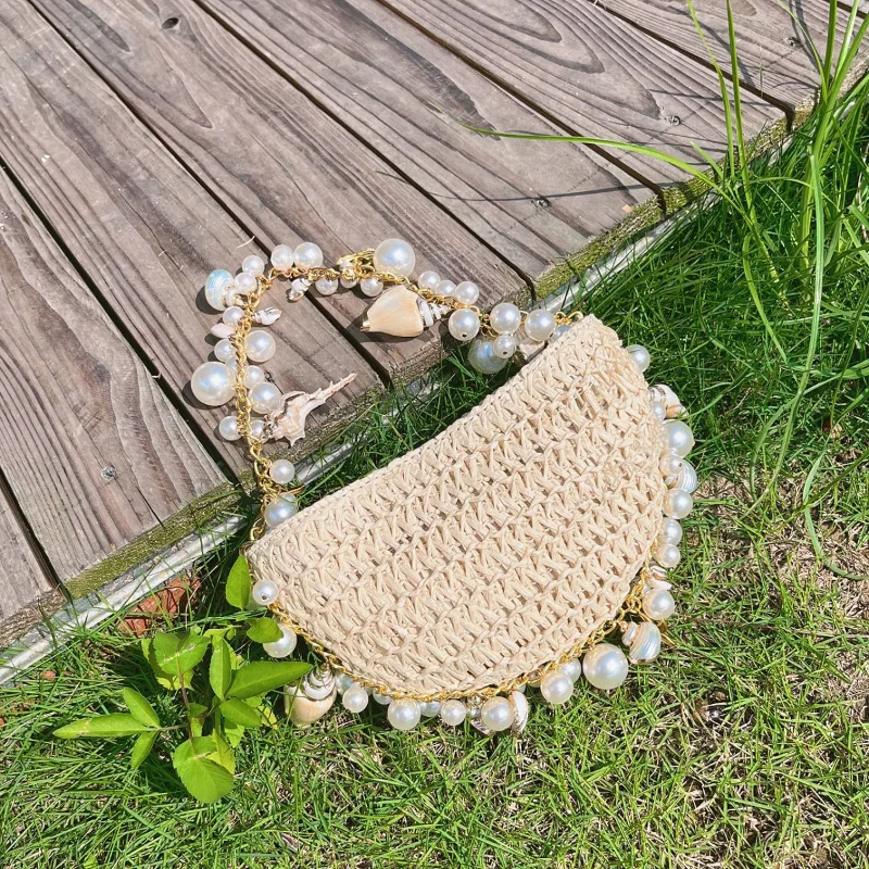 Handmade Woven Half Moon Straw Bag Designer Pearl Starfish Handbag Summer Bohemian Holiday Beach Bag Female Shoulder Bag