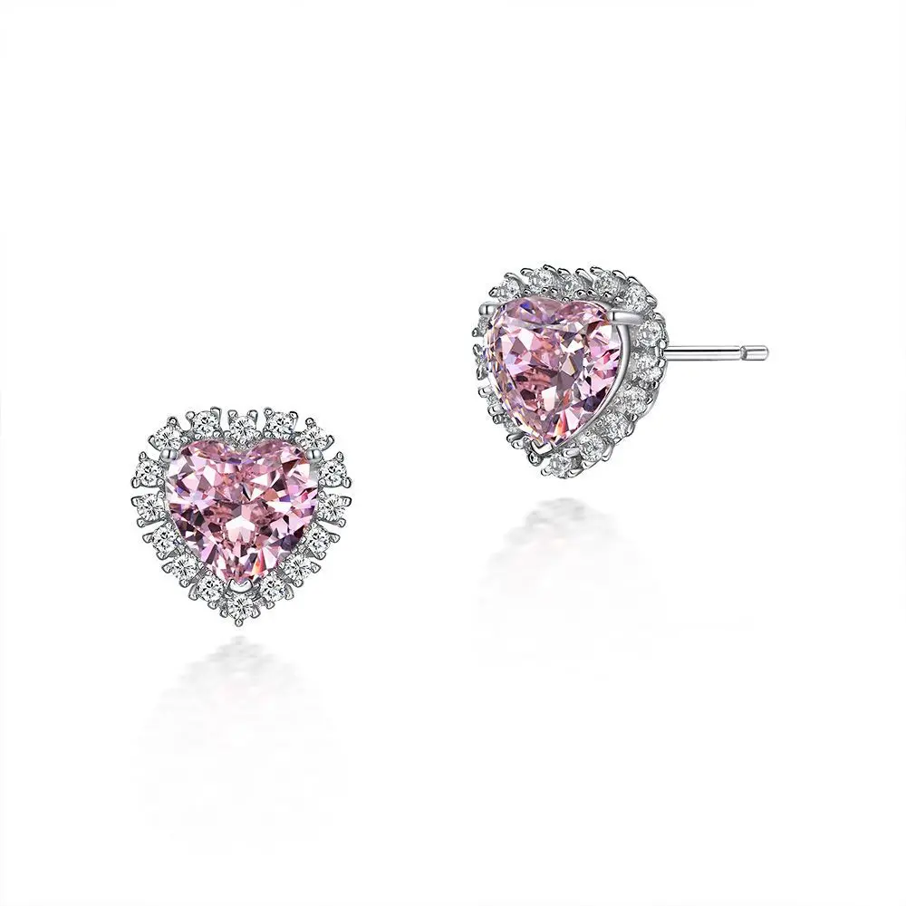 

Fine Luxury Solid 925 Sterling Silver Earrings 8x8mm Pink Heart 8A 5ct Cubic Zirconia Stone Stud Earrings For Women Gift