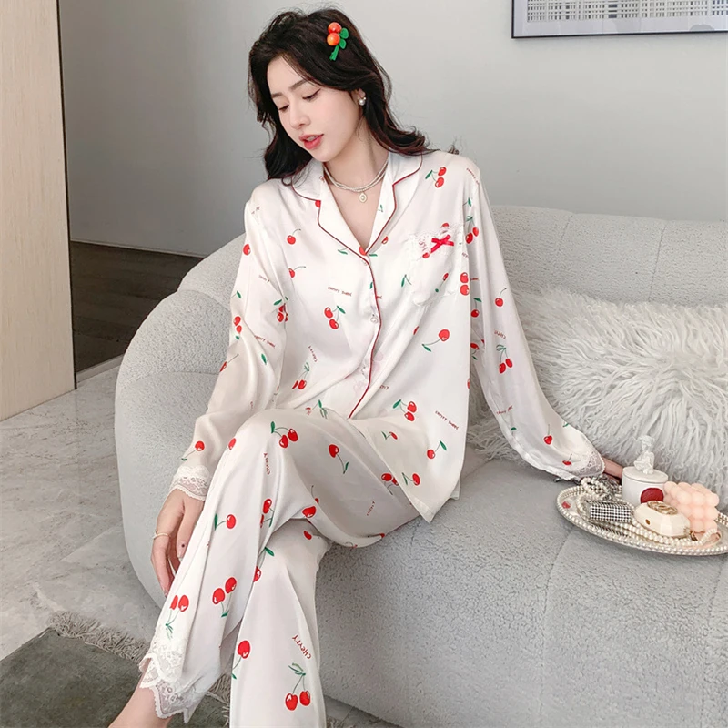 

Jxgarb 2023 Spring New Satin And Lace Cherry Or Flower Printed Women's Pajamas Sets Casual Cardigan Simple Femme Ice Silk Nighty