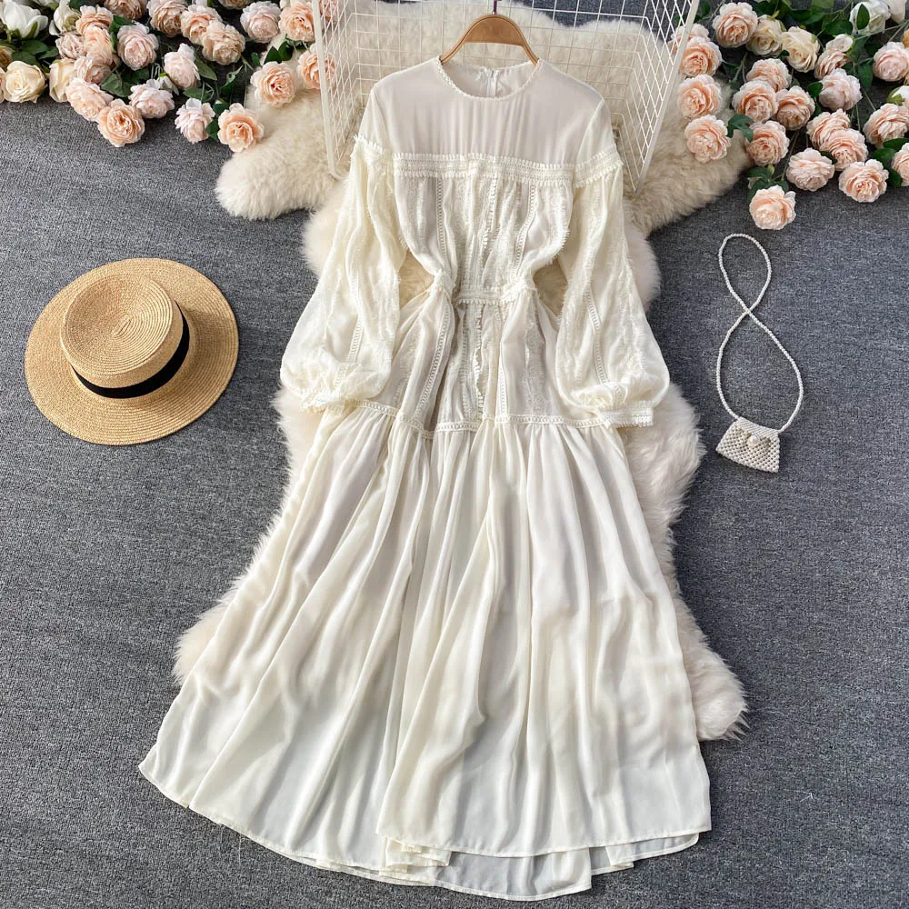 

women's elegant long sleeve elegant lace dress WHITE