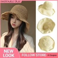 2022 new simple girl raffia sun hat wide brim floppy summer hats for women beach panama straw dome bucket hat femme shade caps