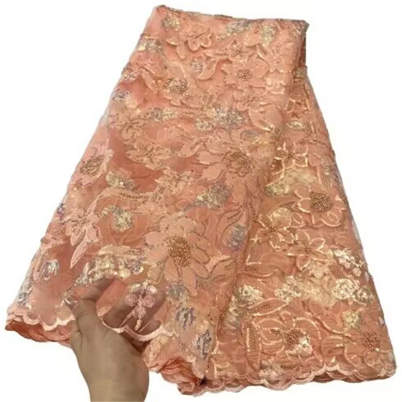 

Розовая элегантная африканская Кружевная Ткань 5 ярдов высококачественные блестки мягкая французская Тюль нигерийские Свадебные бусины ж...