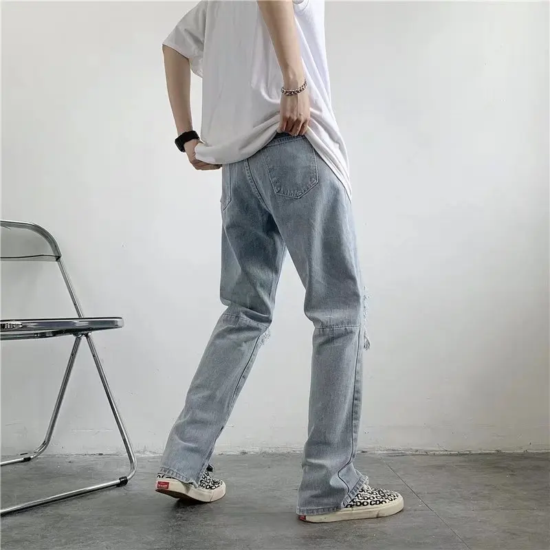 American Pants High Street Tide Hole Jeans Men's Design Sense Trousers Zipper Retro Washed Pants 2022 Clothing New