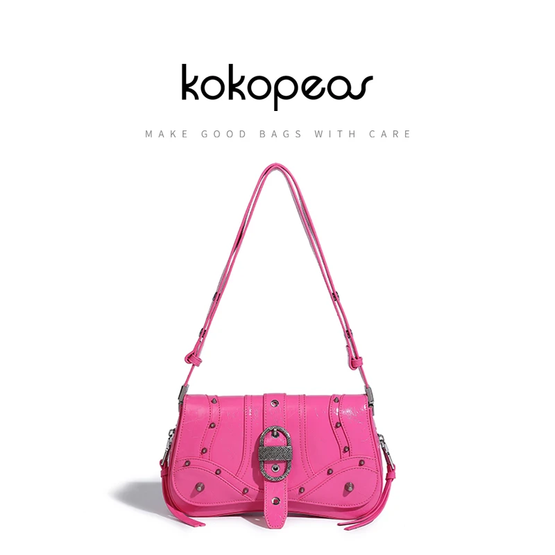 KOKOPEAS Designer Rock Leather Messenger Bag for Women Fashion Brand Flap Underarm Shoulder Purse Punk Pink Clutch Handbag