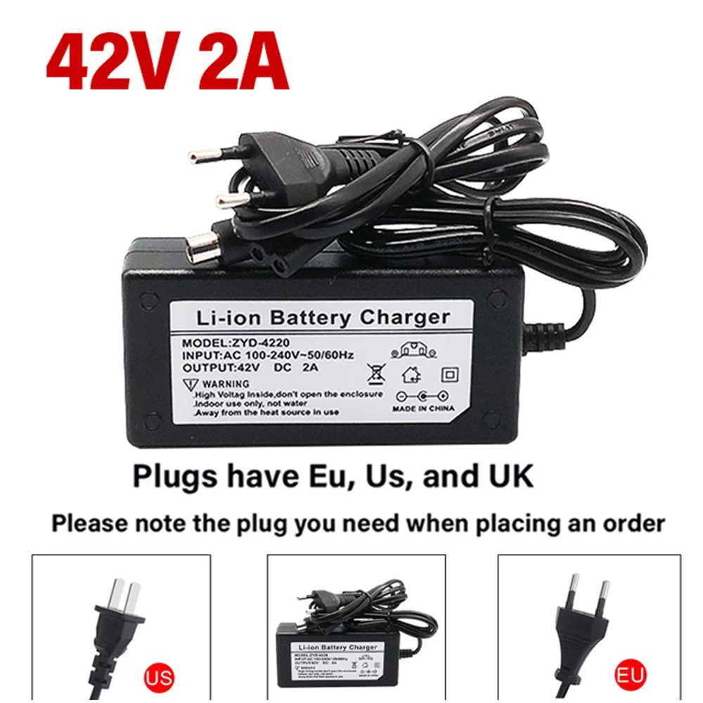 

New 42V 2A Electric Bike Charger Universal 18650 Lithium Battery Pack Charger Power Supply Adapter for 36V Scooter EU US UK Plug