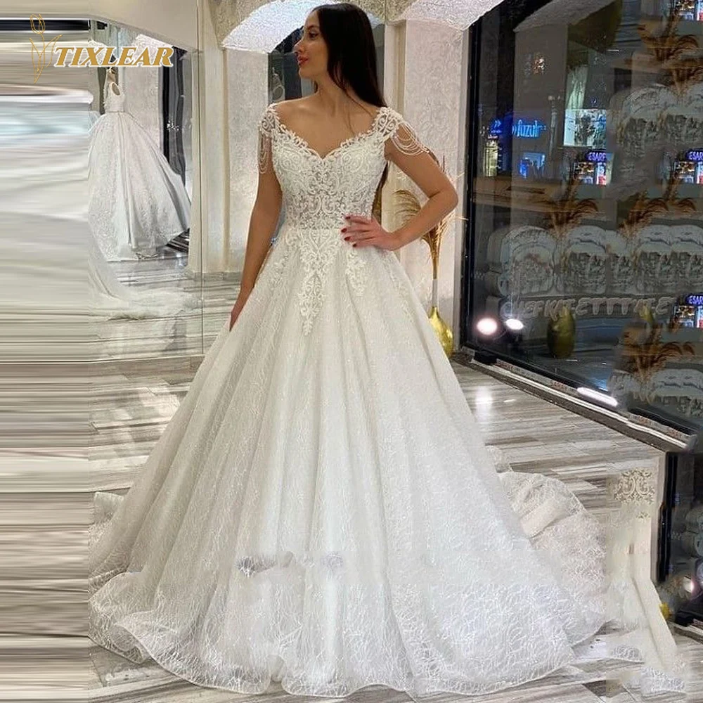 Купи TIXLEAR Exquisite V-Neck Cap Sleeve Wedding Dress For Women Elegant Lace Floral Print Bridal Gowns A-Line Tulle Vestido De Novia за 10,430 рублей в магазине AliExpress