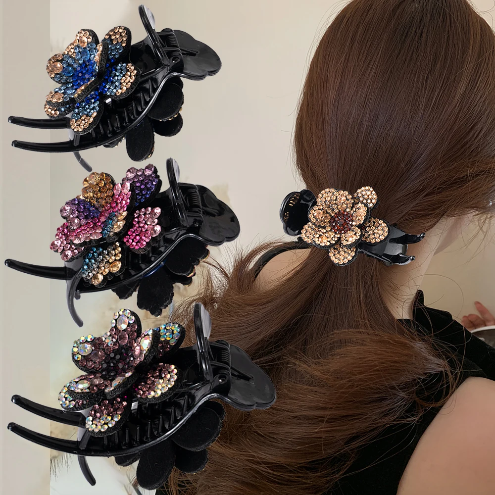 

Flower Hair Claw Clamps Rhinestone Plastic Toothed Hair Clip Crab Retro Barrettes Hairpin Ponytail Hair Accessories Women Girls