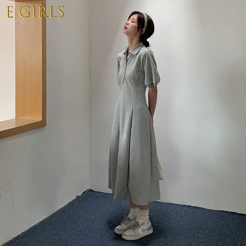 

E GIRLS Dresses Women Solid Hot Sale Vintage A-line Button Summer All-match Fashion Streetwear Student Daily Maxi Casual Female