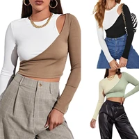 new women fashion color block patchwork t shirt ladies autumn long sleeve round neck cutout crop tops streetwear