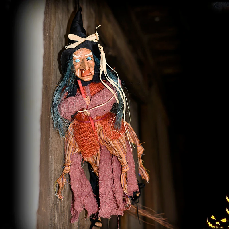 

Halloween Hanging Witch Decoration Electric Toys with Glowing Eyes Scary Sound Flying Witch on Broom Halloween Party Decor Prop