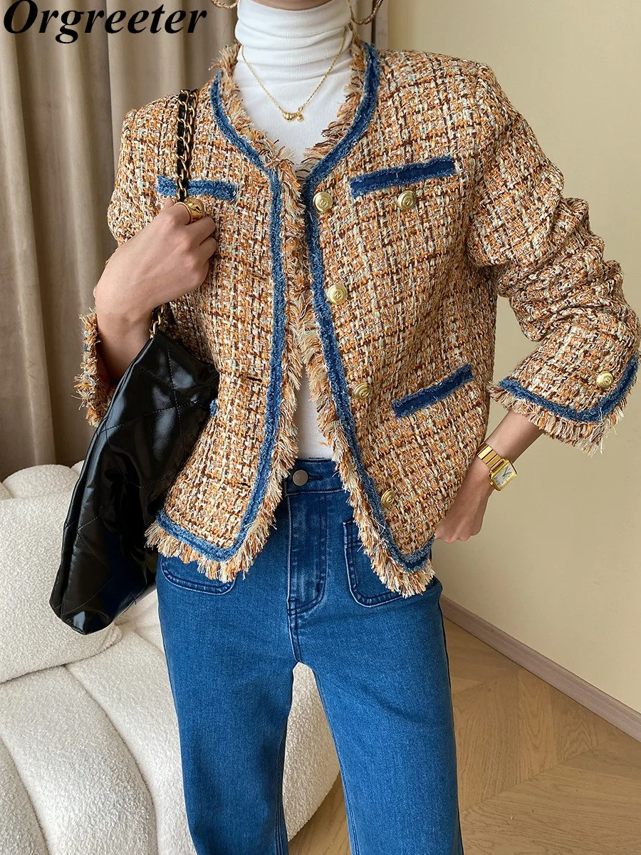 

Small Fragrant Wind Temperament Celebrity Color collision Splicing Tweed Jacket Women Vintage Tassel Woolen Coats Outwear