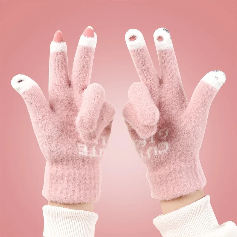 

Women Cute Winter Fluffy gloves Panda Fingertip Warm Knitted Fingerless Gloves Wool Touchscreen Phone Girls Full Finger Mittens