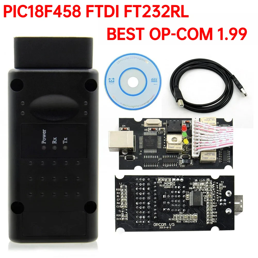 Фото НОВЫЙ V1.99 ДЛЯ OPCOM V5 Для Opel 2021, OP COM FTDI FT232RL обновление прошивки вспышки Автомобильный диагностический кабель OP-COM PIC18F458 CAN BUS OBD №1