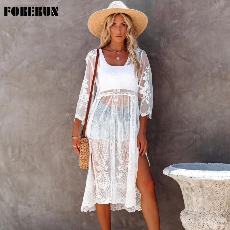 

Женское кружевное пляжное платье FORERUN, белое Сетчатое платье с вышивкой и разрезом по бокам, летнее платье-бикини
