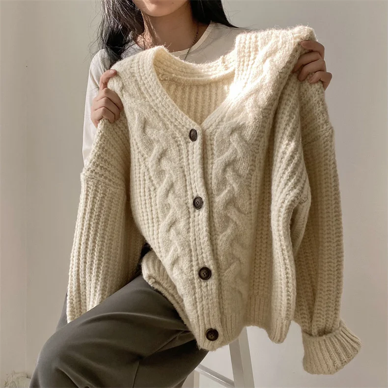 

Women Winter Retro Knitted Cardiagn Autumn Loose Korean Single Breasted Sweater Coat Casual Cardigans Simple V Neck Solid