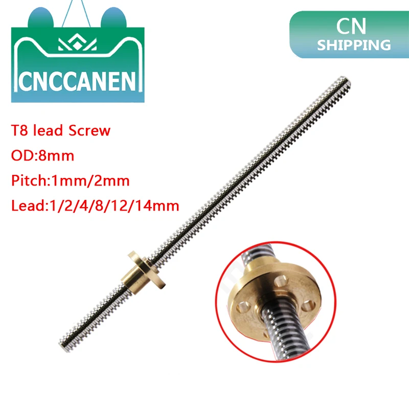 CNC 3D Printer T8 Lead Screw OD 8mm Lead 1/2/4/8/12/14mm Pitch 1/2mm Lenght 100mm 200mm 300mm 400mm 500mm 600mm with Brass Nut