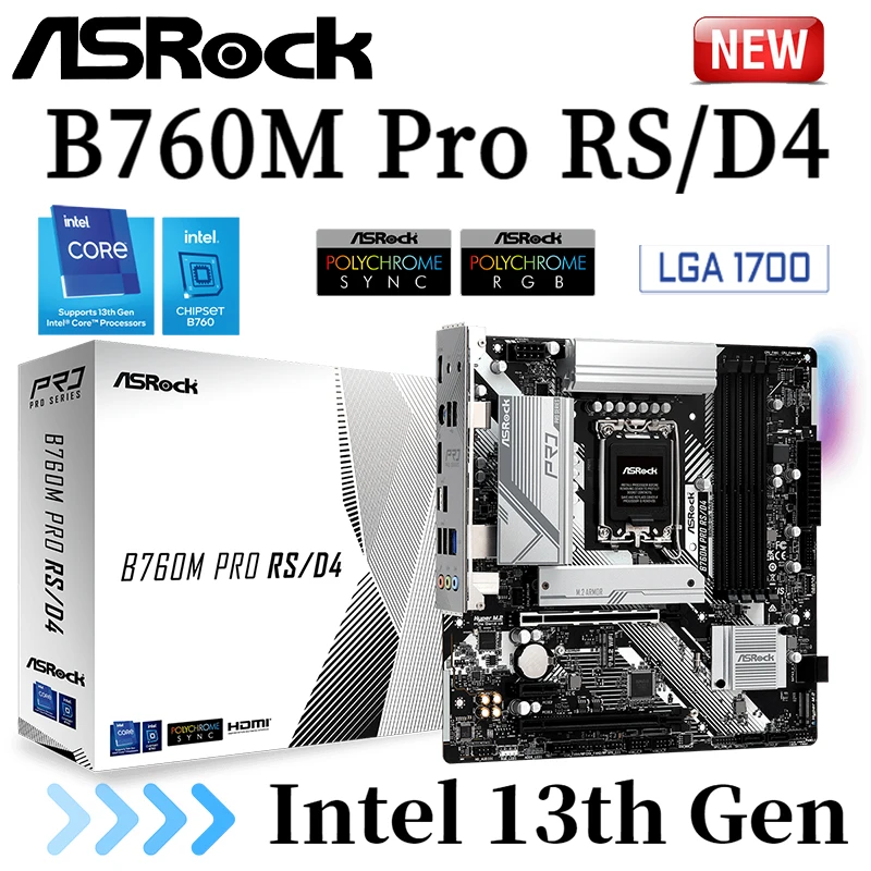 

Материнская плата ASRock B760M Pro RS/D4, материнская плата LGA 1700 DDR4 128 ГБ 5333 МГц с поддержкой Intel 13-го и 12-го поколения USB 3,2 PCIe 4,0 M.2, материнская плата, Но...