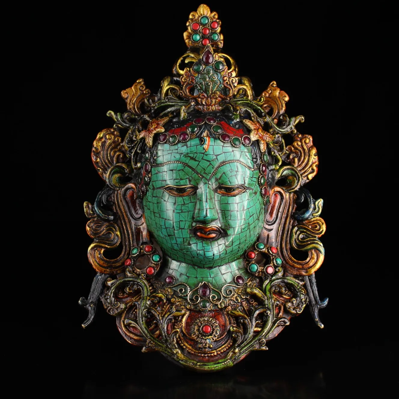 

11"Tibet Temple Collection Old Bronze Outline in gold Mosaic Gem Turquoise Green Tara Buddha Head Mask Worship Hall Town house