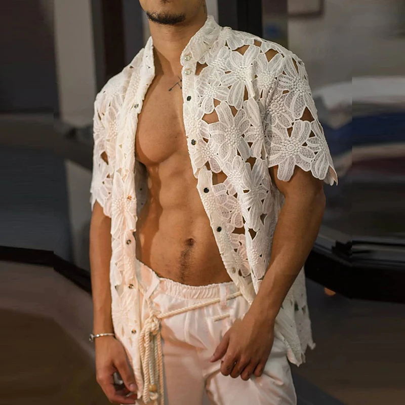 

Новинка модные кружевные жаккардовые мужские рубашки с корсетом однотонные рубашки с отложным воротником Топы На Пуговицах Мужские Винтаж...