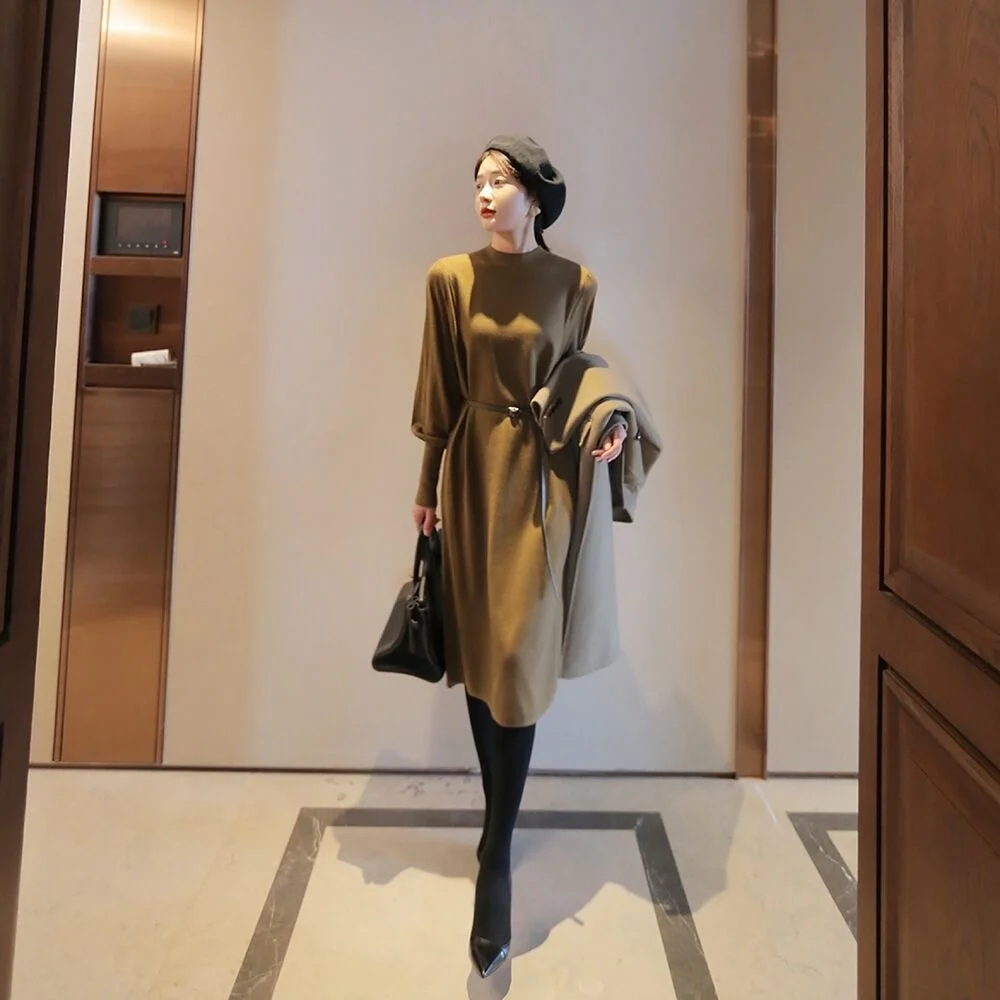 

French Half High Collar Medium Length Solid Color With Sweater Knitted Dress For Women In Autumn And Winter Simple And Thin
